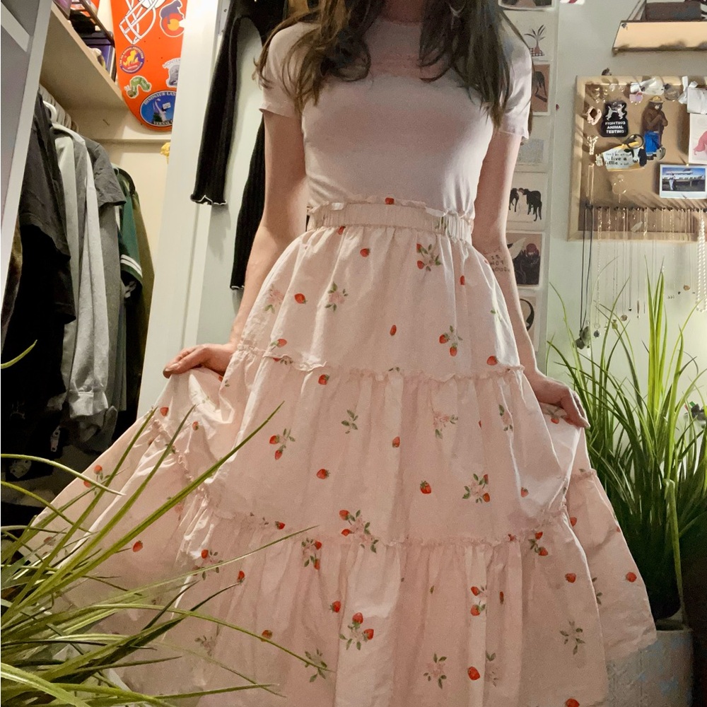 Strawberry Three Tier Midi Rachel Parcell Pink Skirt